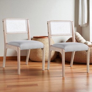Set of 2 Farmhouse Wood Dining Chairs with Rattan Backrest and Padded Linen Seat, Rustic Accent Side Chairs for Dining Room or Kitchen - 1 of 4