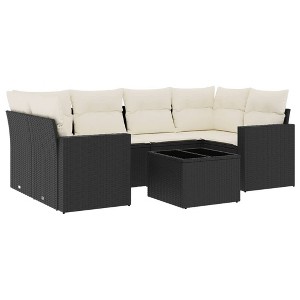 vidaXL Patio Sofa Set with Cushions Outdoor Furniture 7 Piece Poly Rattan - Black and Cream - 1 of 4
