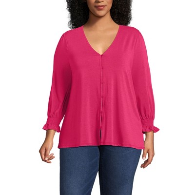 Lands' End Women's 3/4 Sleeve Lightweight Jersey Button Front Top