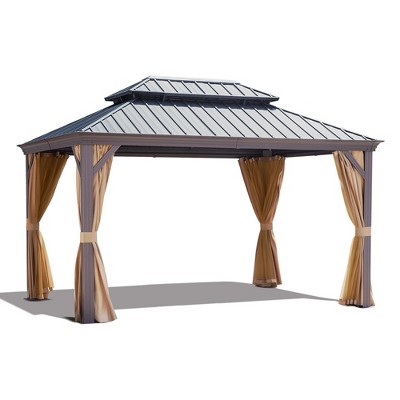 COWLOWN 10' X 14' Double - Tier Aluminum Metal Hardtop Gazebo with Reinforced Galvanized Steel Roof, Curtains for Patio, Backyard, Deck & Lawn