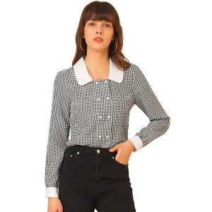 Allegra K Women's Contrast Peter Pan Collar Blouse Gingham Long Sleeve Button Front Shirt - 1 of 4