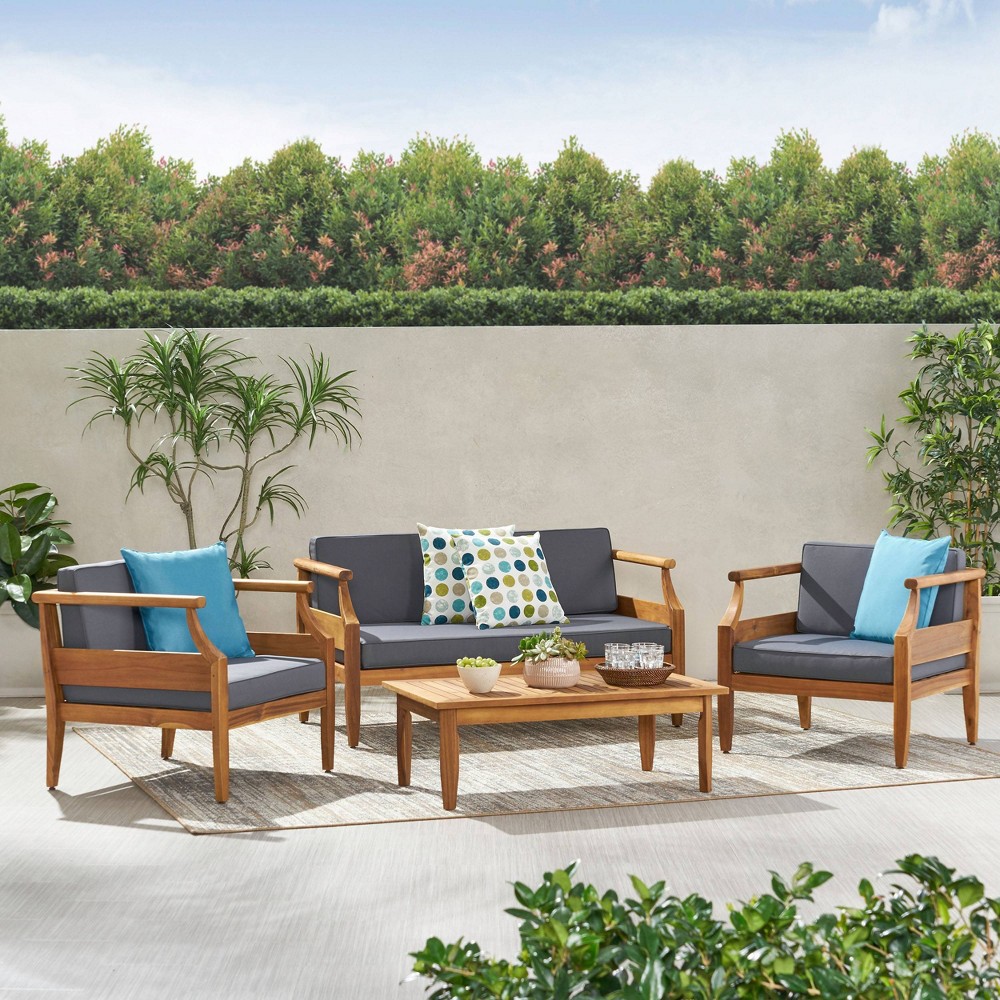 Aston 4pc Acacia Wood Mid-Century Modern Chat Set – Teak/Dark Gray – Christopher Knight Home For Sale