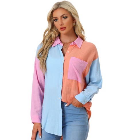 Allegra K Women's Color Block Long Sleeve Button Down Boyfriend