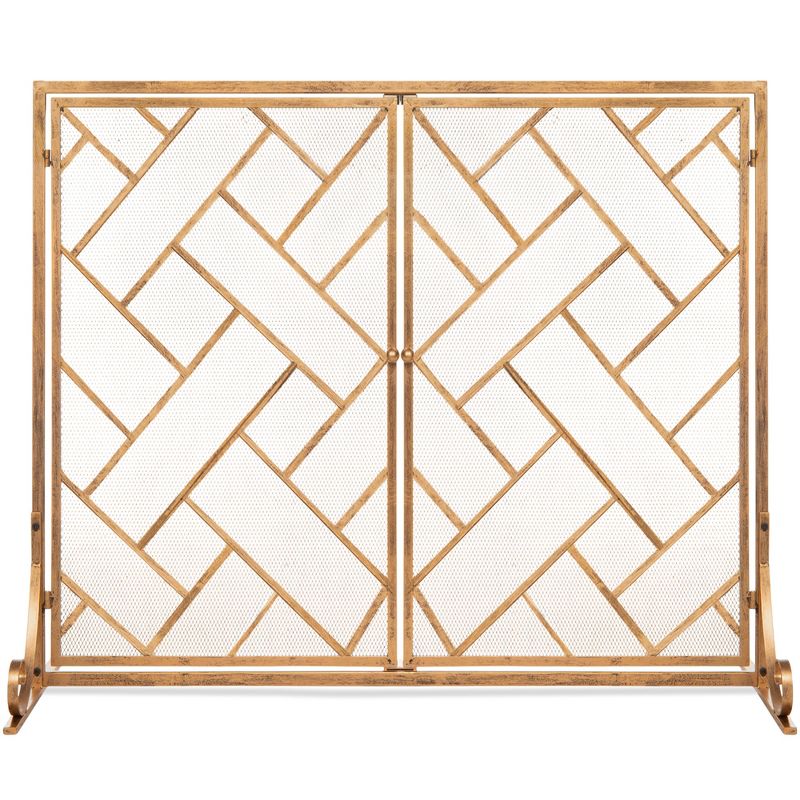 Best Choice Products 44x33in 2-Panel Handcrafted Wrought Iron Geometric Fireplace Screen w/ Magnetic Doors, 1 of 11