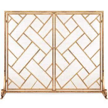 Best Choice Products 44x33in 2-Panel Handcrafted Wrought Iron Geometric Fireplace Screen w/ Magnetic Doors
