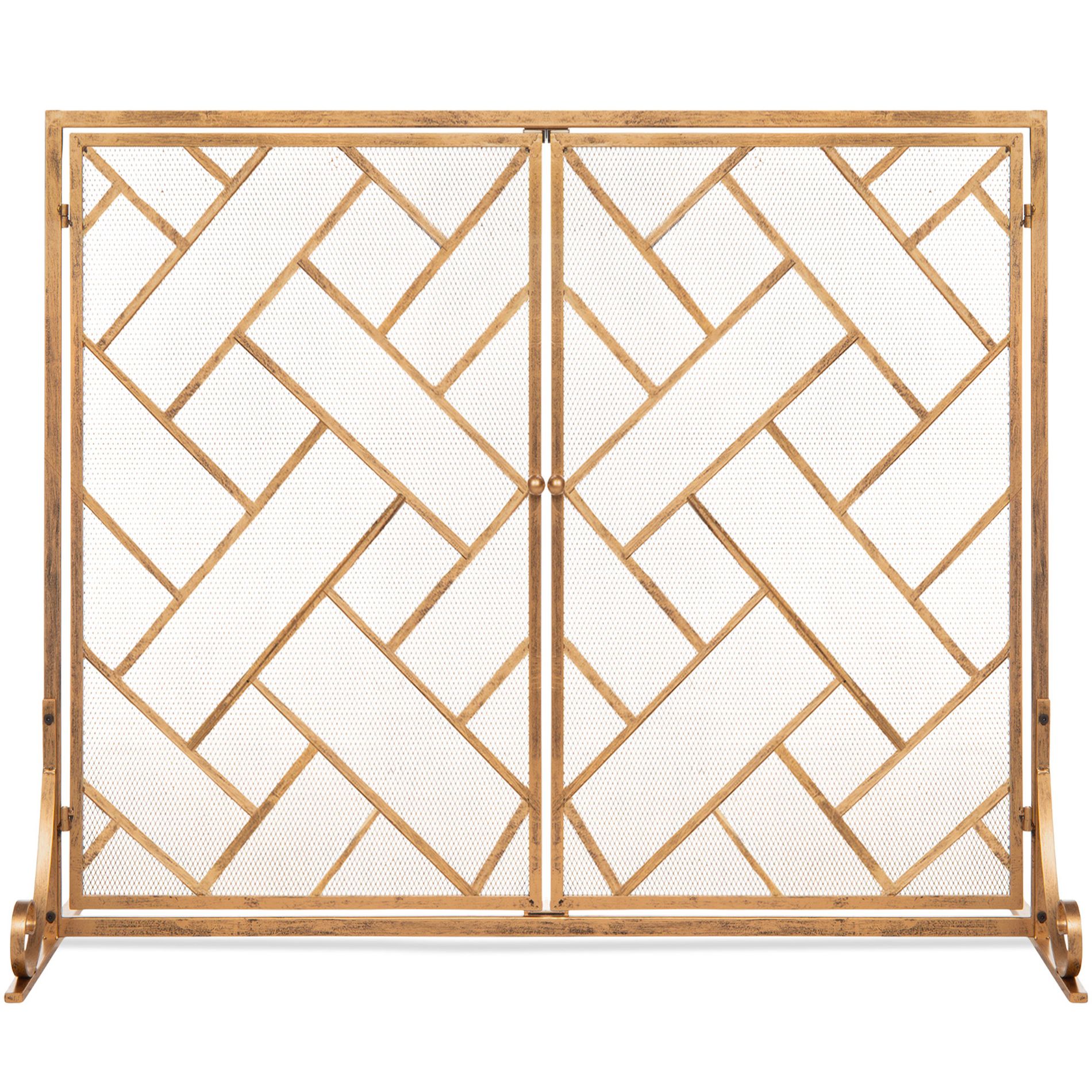 Best Choice Products 44x33in 2-Panel Handcrafted Wrought Iron Geometric Fireplace Screen w/ Magnetic Doors - Gold