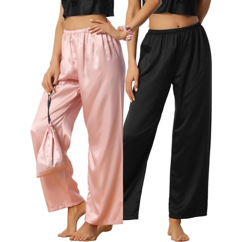 cheibear Women's Wide-leg Elastic Waist Long Pants 2 Pieces Sleep Pants Set  Pink Black Medium
