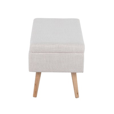 Beige Linen Upholstered Storage Bench with Natural Wood Legs