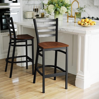 Elegant Ladder Back Black Metal Barstool with Cherry Wood Seat