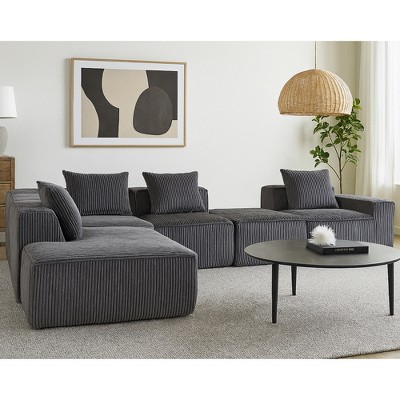 Corduroy Modular Compression Convertible L-Shaped Sectional Sofas with High-Density Sponge Filling and 5 Throw Pillows, No Assembly Required
