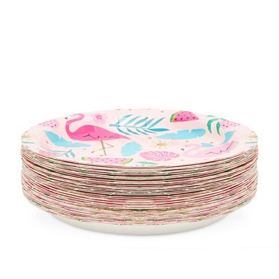 Tropical Pink Flamingo and Palm Paper Plates, 7 Inches