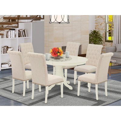 HomeStock 7Pc Dinette Set Includes an Oval Kitchen Table with Butterfly Leaf and Six Parson Chairs with Light Beige Fabric, Linen White Finish