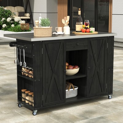 JUJABU Fir Wood Outdoor Kitchen Island with Stainless Steel Top, Ample Storage Space , Towel, Spice Racks and a Bottle Opener for Outdoor