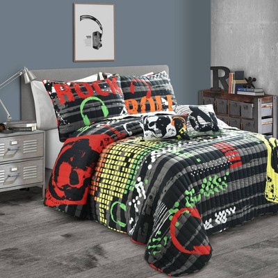 5pc Full/Queen Rock N Roll Quilt Set Black - Lush Décor