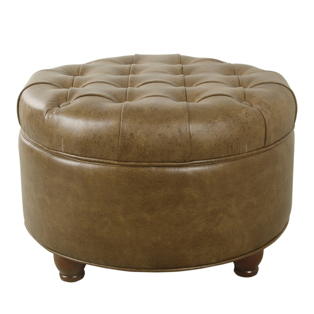 Photos - Pouffe / Bench Large Tufted Round Storage Ottoman Faux Leather Distressed Brown - HomePop
