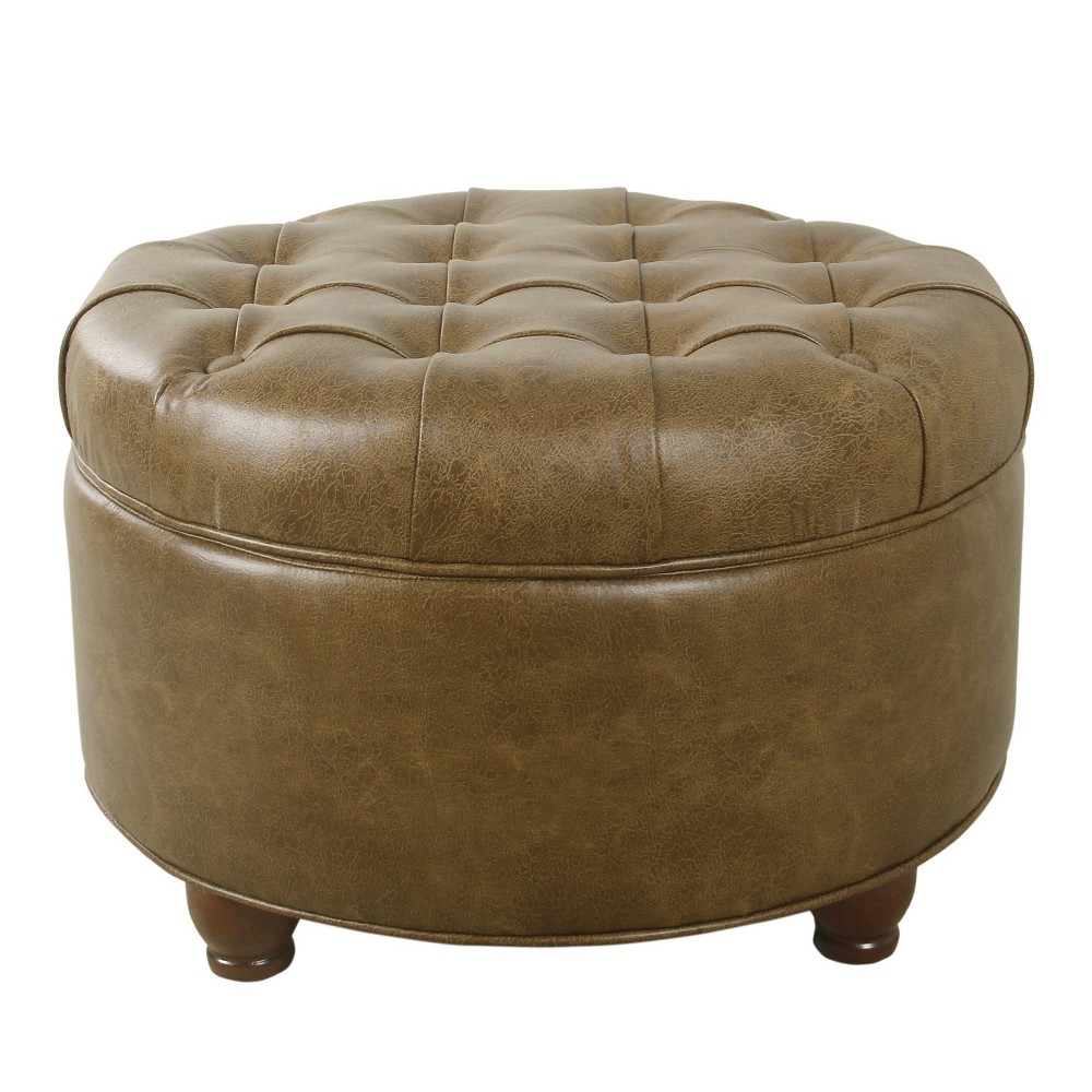 Large Tufted Round Storage Ottoman Faux Leather Distressed Brown - HomePop was $139.99 now $104.99 (25.0% off)