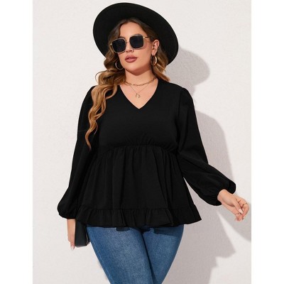 YesFashion Women's Plus Size Blouses V Neck Puff Sleeve Babydoll Tunic Long Sleeve Chiffon Casual Tops Ruffle Shirts