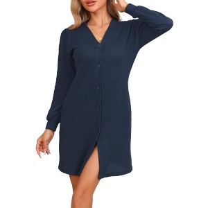 cheibear Women's Waffle Knit Long Sleeve with Pockets Button Downs Nightgowns - 1 of 4