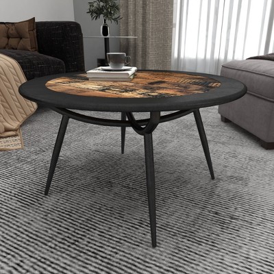 30" Gray Round Wood and Metal Coffee Table