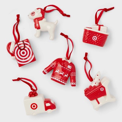 Image of 6pc Ceramic Target Christmas Tree Ornament Set Red/White - Wondershop™