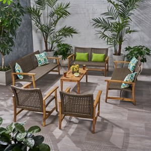 Christopher Knight Home Hampton Outdoor Acacia Wood and Wicker 10 Seater Sofa and Loveseat Chat Set - 1 of 4
