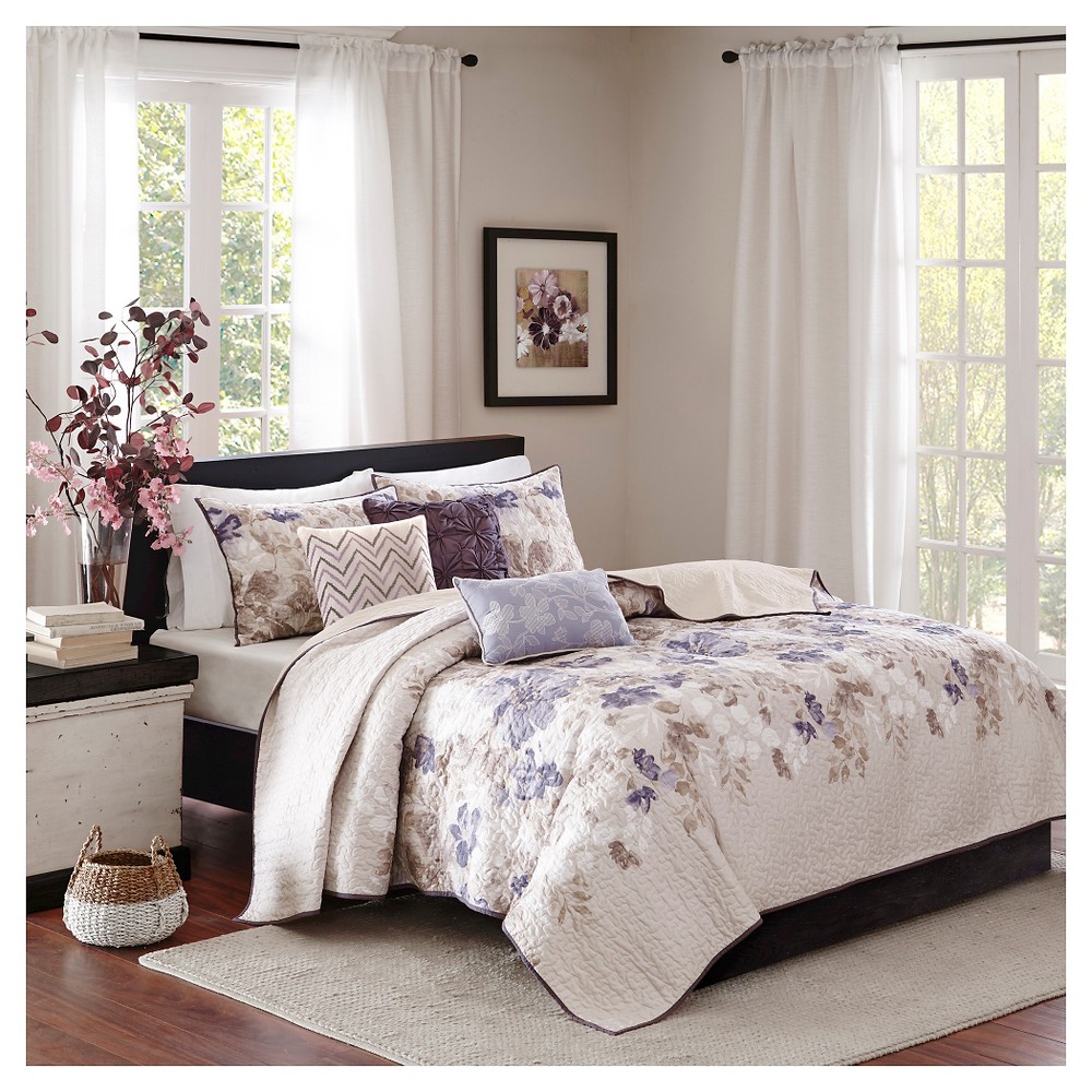 Photos - Duvet Willow Watercolor Floral Quilted Coverlet Set  Taupe - 6pc(Full/Queen)