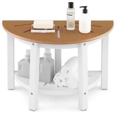 Image of Costway Heavy Duty Waterproof HDPE Semicircular Shower Bench 2-Tier Bath Spa Bench Off White & Brown