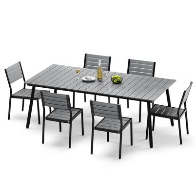 Crestlive Products Outdoor Dining Set Patio Dining Table with chairs Wooden-Like Top and Aluminum Frame Umbrella Hole