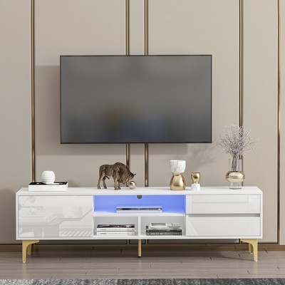 Modern TV Stand with LED Lights, Media Console for TVs up to 65", 2 UV Gloss Drawers, Gold Metal Legs, Entertainment Center for Living Room or Bedroom