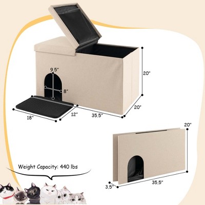 Beige Linen Cat Litter Box Enclosure Bench with Flip Top Lid