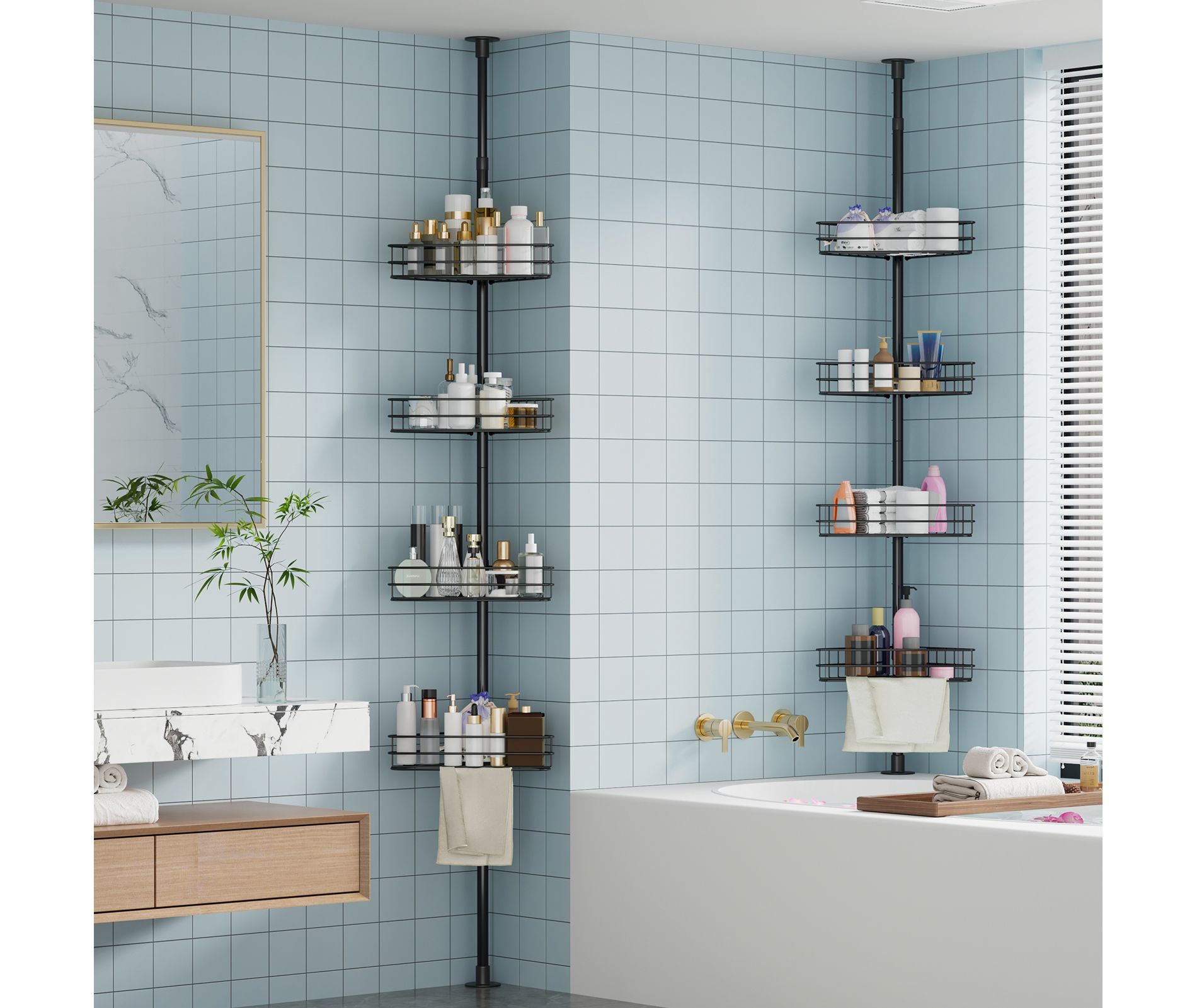 4-Tier Adjustable Corner Shower Caddy Tension Pole - Rust-Resistant Bathroom Organizer with Space-Saving Shelves