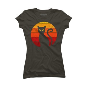 Junior's Design By Humans Vintage Retro Sunset Halloween Black Cat I By lemonpepper T-Shirt - 1 of 3