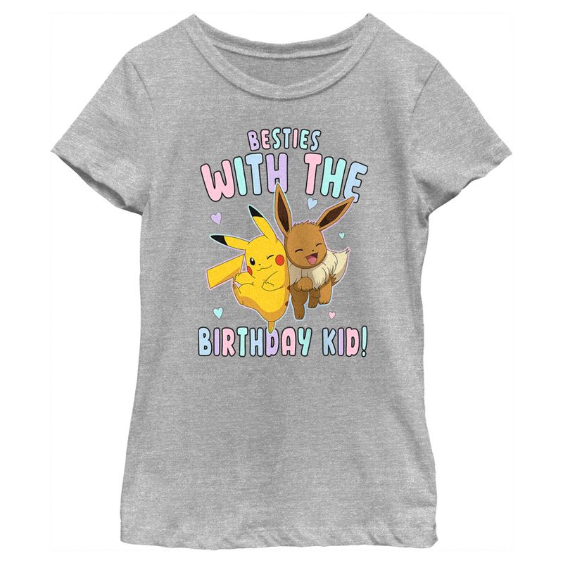 Girl's Pokemon Pikachu and Eevee Besties with the Birthday Kid T-Shirt, 1 of 6