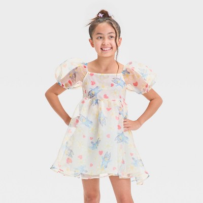 Girls' Bluey & Bingo Floral Organza Puff Sleeve Dress - Light Pink