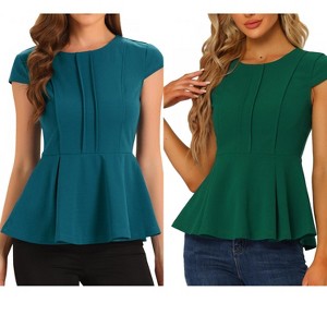 INSPIRE CHIC Women's Elegant Round Neck Cap Sleeve Solid Color Peplum Blouses 2 Packs - 1 of 4