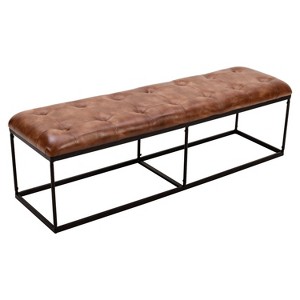 The Urban Port 60" Artisanal Button Tufted Bench Brown Leather Upholstery Black Powder Coated Metal Frame Brown/Black - 1 of 4