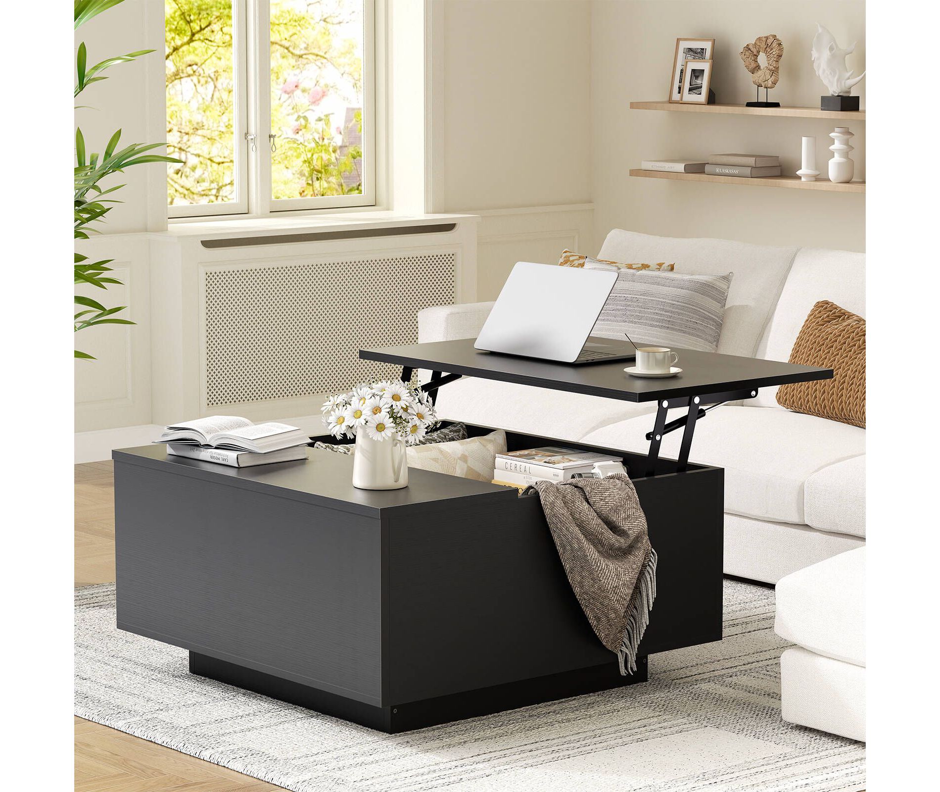WOWLIVE Lift Top Coffee Table with Hidden Storage,Wooden Square cocktail table for Living Room