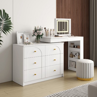 HDZNVF Makeup Vanity Table with Flip Top Tabletop with 7 Drawers, 9 Compartments and 3 Shelves, White