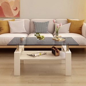 Okak Rectangle Modern 2-Tier Coffee Table with Tempered Glass Top & Metal Legs,Accent Center Table with MDF Layer for Living Room - 1 of 4