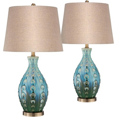 360 Lighting Mid Century Modern Table Lamps 26.5" High Set of 2 Ceramic Teal Handmade Tan Linen Tapered Shade for Living Room Bedroom (Color May Vary)