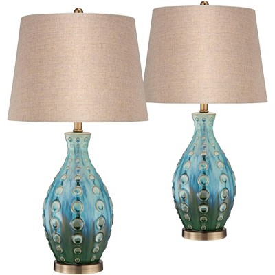 360 Lighting Mid Century Modern Table Lamps Set of 2 Ceramic Teal Handmade Tan Linen Tapered Shade for Living Room Family Bedroom