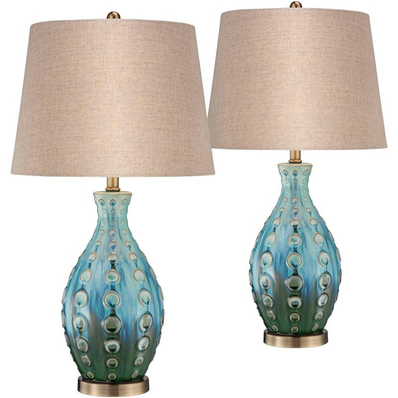 360 Lighting Mid Century Modern Table Lamps 26.5" High Set of 2 Ceramic Teal Handmade Tan Linen Tapered Shade for Living Room Bedroom (Color May Vary), 1 of 7