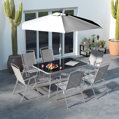 Gray 8-Piece Patio Dining Set with Umbrella and Folding Chairs