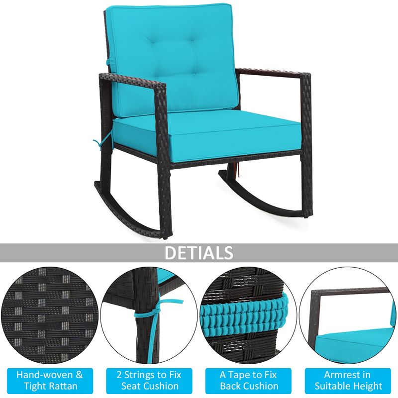 Costway Patio Rattan Rocker Chair Outdoor Glider Rocking Chair Cushion Lawn Turquoise, 5 of 11