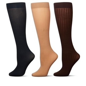 Memoi Women's 3 Pair Pack Fine Rib/Solid/ Wide Rib Trouser Socks Navy-Khaki-Brown One Size - 1 of 2