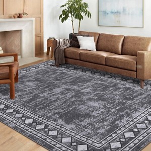 EcoSummer 60 x 84 in Modern Area Rug, Non-Slip Machine Washable Soft Rug with Geometric Border, Low Pile Floor Mat for Bedroom, Living Room, Grey - 1 of 4