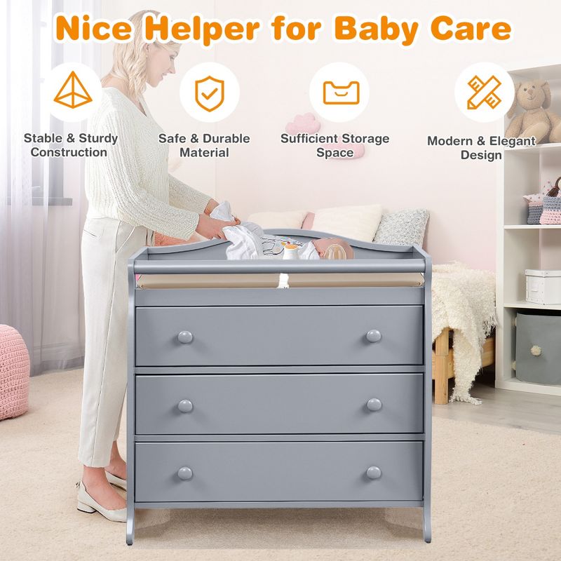 Costway 3 Drawer Baby Changing Table Infant Diaper Changing Station Wood with Safety Belt Brown/Grey/White, 4 of 11