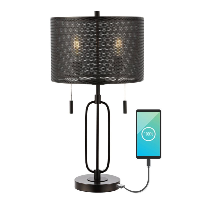 27&#34; 2-Light Hank Industrial Farmhouse Iron LED Table Lamp with USB Charging Port Oil Rubbed Bronze (Includes LED Light Bulb) - JONATHAN Y, 1 of 9