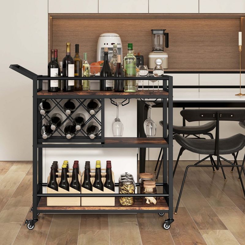 Costway 3-tier Bar Cart on Wheels Home Kitchen Serving Cart with Wine Rack & Glass Holder Rustic Brown/Brown, 5 of 11