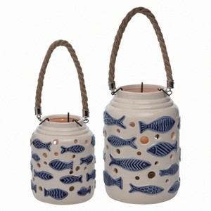 Transpac Ceramic 8.25 in. Spring Blue Fish Patterned Lanterns Set of 2 - 1 of 2